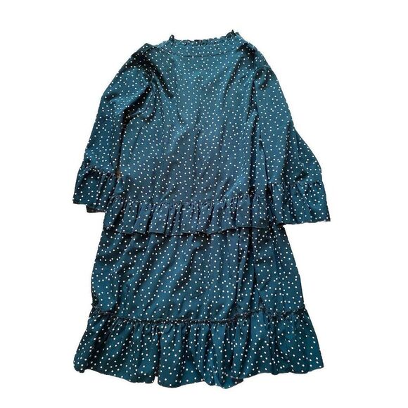 Retro Dress XL Polkadot Teal Blue White Ruffle Shift Mid Length - Picture 3 of 8